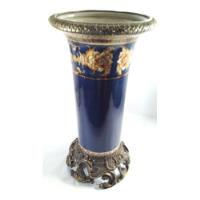 Usado, Vaso Em Porcelana Azul Cobalto E Bronze Decorativo Italiano comprar usado  Brasil 